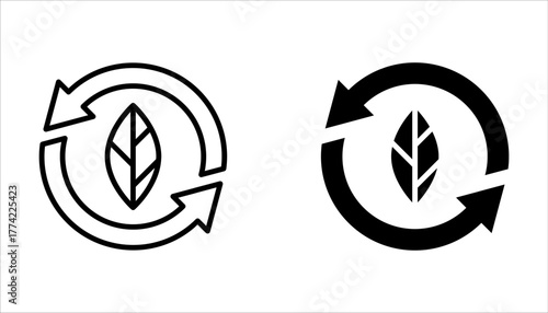 organic recycle icon set, eco recycle round, ecology circle refresh or restart, thin line symbol on white background