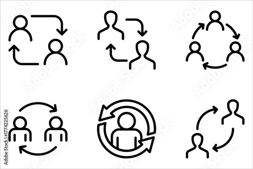 User staff rotation icon set. Replace person, staff change, replace worker Customer client returning on white background