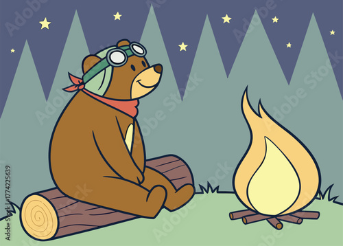 Adventurous cartoon bear wearing goggles and bandana enjoys a starry night campfire in the mountains