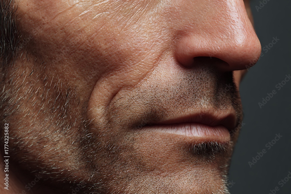 Obraz premium macro chin and jawline skin mid-age, slight sagging, realistic detail