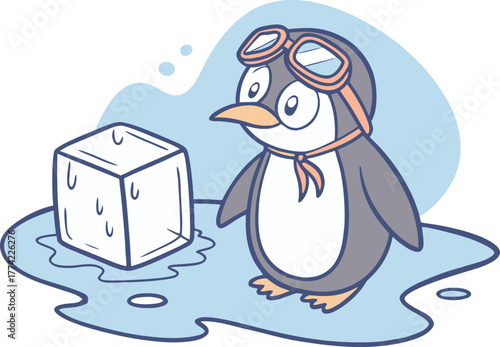 Adorable cartoon penguin aviator watches ice cube melt, representing climate change challenges and global warming concerns
