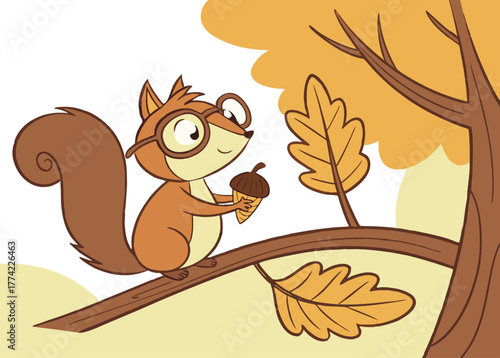 Adorable cartoon squirrel wearing glasses sits on a tree branch holding an acorn, surrounded by autumn leaves and warm colors