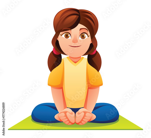Girl practicing the Bound Angle Pose (Baddha Konasana) on a mat, sitting with the soles of her feet together. Vector cartoon character illustration