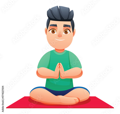 Smiling boy practicing the Easy Pose (Sukhasana) on a mat, sitting cross-legged with hands in Namaste position. Vector cartoon character illustration