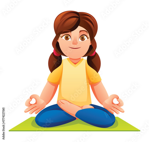 Cute girl practicing the Lotus Pose (Padmasana) on a mat, sitting with hands in Gyan Mudra position. Vector cartoon character illustration