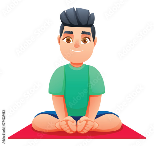 Young boy practicing the Bound Angle Pose (Baddha Konasana) on a mat, sitting with the soles of his feet together. Vector cartoon character illustration