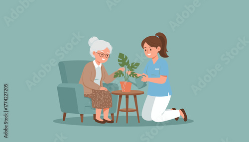 Compassionate caregiver assists senior woman with watering a houseplant in an armchair setting