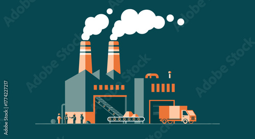 Industrial factory illustration with smoking chimneys workers and truck Manufacturing and logistics concept