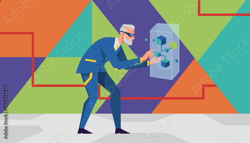 Executive using AR technology to manage a complex data structure or blockchain network