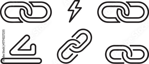 Hyperlink Chain Link and Lightning Energy Outline Vector Icon Set
