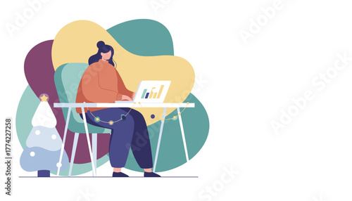 Working remotely during winter holidays Woman uses laptop for business analysis next to a Christmas tree