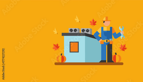 Flat illustration of maintenance worker servicing rooftop HVAC unit during autumn