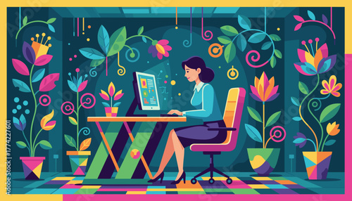 Woman working on PC in vibrant office full of plants Creative workspace productivity nature integration