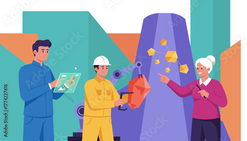 Engineers and manager supervising smart factory automation and resource management