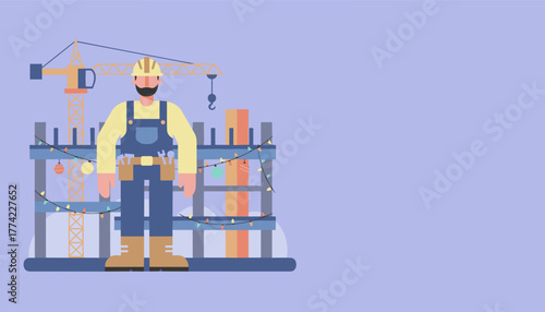 Builder on site decorated for Christmas Holiday construction and maintenance concept