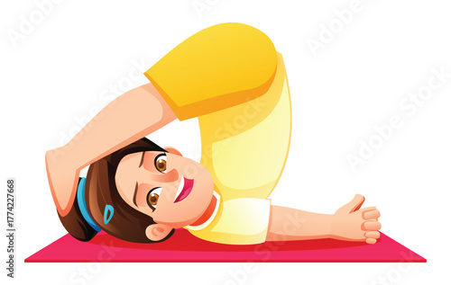 Girl character performing Halasana or Plow Pose on a green mat. Classic inverted yoga position to calm the nervous system. Vector cartoon illustration