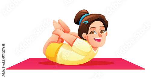 Smiling girl practicing the Bow Pose (Dhanurasana) on a mat, lying on her stomach and holding both feet with her hands. Vector cartoon character illustration