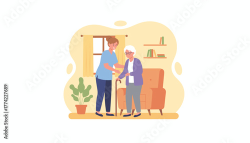Caregiver assisting a senior woman with a cane in a living room illustrating home health and kindness