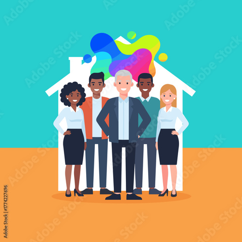 Diverse team collaboration and creativity within a house symbol representing real estate or home ideas
