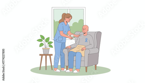 Caring nurse assists bald patient with purple ribbon Medical support home care compassion
