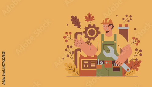 Skilled repairman holds wrench representing industry maintenance and essential services in autumn