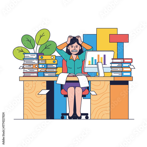 Overwhelmed worker stressed by excessive workload and deadlines at a messy office desk