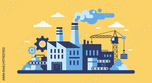 Stylized illustration of a manufacturing plant with chimneys conveyor belts gears and a construction crane