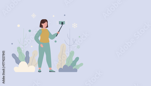 Woman taking a selfie with a stick in a stylized winter scene for social media and vlogging