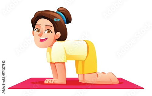 Smiling girl practicing the Cow Pose (Bitilasana) on a mat, on hands and knees with her back slightly arched and head up. Vector cartoon character illustration