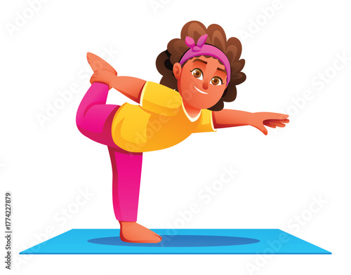 Smiling girl practicing the Dancer Pose (Natarajasana) on a mat, standing on one leg and holding the opposite foot. Vector cartoon character illustration