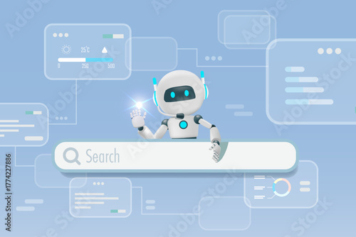 AI chat robot on web searching bar and smart research system. Artificial Intelligence innovation technology as search engine to provide smart information and solution. Vector.