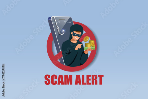 Scammer holding money in stop sign with phishing hook on mobile phone. Online phishing, scamming. Design and symbol for stop cyber attack and digital crime. Vector.