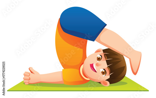 Boy character performing the Halasana or Plow Pose, a full inverted stretch for the spine and back. Vector cartoon illustration