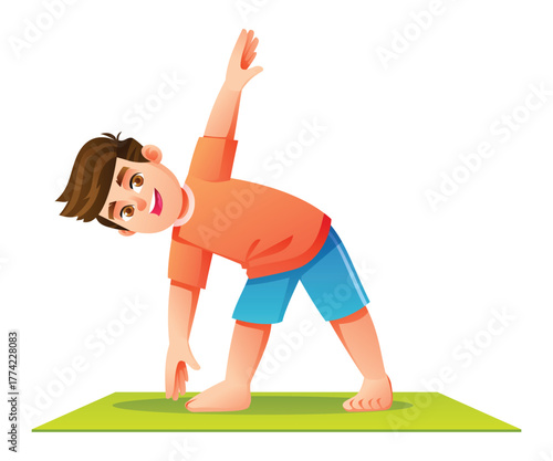 Smiling boy practicing the Triangle Pose (Trikonasana) on a mat, standing with a wide stance and stretching to the side. Vector cartoon character illustration