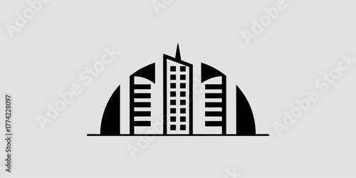 Stylized cityscape with three buildings and a minimalistic design in black and white color scheme