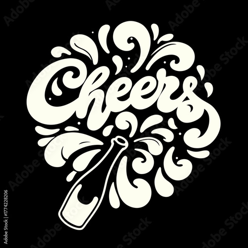 Creamy white cheers text and champagne bottle graphic