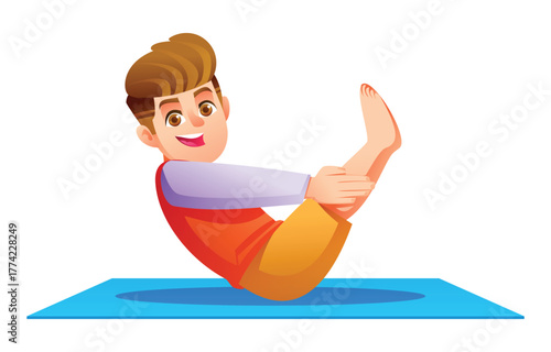Happy boy practicing Boat Pose (Paripurna Navasana) on a mat. Kid doing a V-sit exercise for body control. Vector cartoon character illustration
