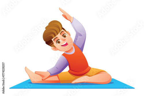 Smiling boy practicing Seated Side Bend yoga pose on a mat. Kid doing exercise for a healthy lifestyle. Vector cartoon character illustration
