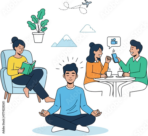 Vector illustration of man meditating while others are reading, traveling and video calling
