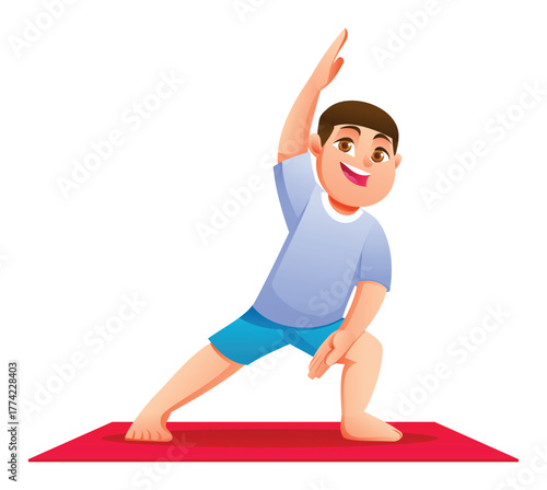Boy practicing Extended Side Angle Pose on a mat. Kid doing a standing stretch for flexibility. Vector cartoon character illustration