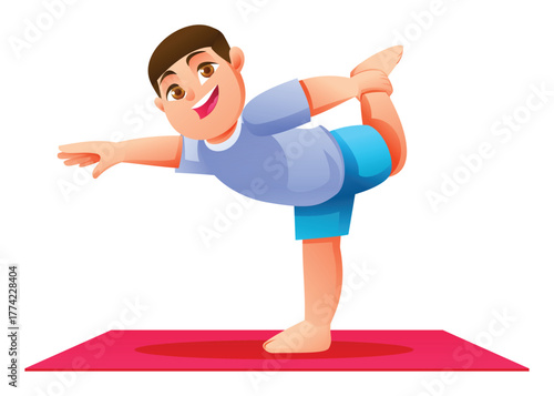 Happy boy practicing Lord of the Dance Pose (Natarajasana) on a mat. Kid balancing on one leg for strength. Vector cartoon character illustration