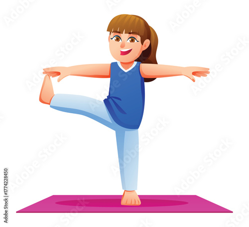 Smiling girl practicing Extended Hand-to-Big-Toe Pose on a mat. Kid doing a standing balancing exercise. Vector cartoon character illustration