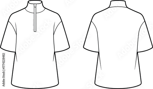 Short sleeve pullover shirt flat sketch, technical fashion drawing, apparel design template, front and back view, zipper collar, loose fit illustration
