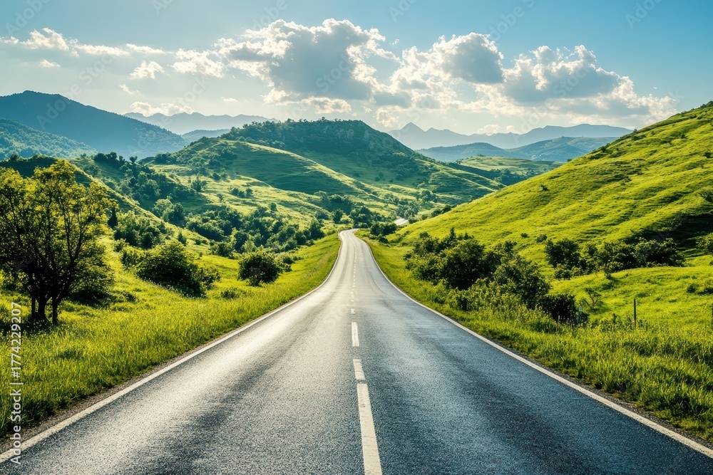 Fototapeta premium Picturesque winding road stretches towards distant rolling hills under a bright blue sky on a sunny day.
