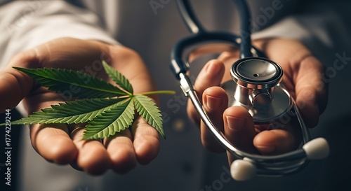 Doctors hands holding cannabis leaf and stethoscope, symbolizing medical marijuana.