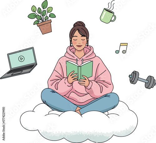 Vector illustration of woman reading a book on a cloud illustration