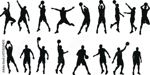Basketball player silhouettes vector illustration, athletes dribbling shooting passing jumping defending with ball, sports activity icons, black outline design, minimal abstract style