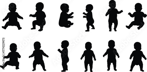 Baby silhouettes vector illustration, infants sitting crawling standing walking in developmental stages, black outline icons, childhood growth artwork, minimal abstract style