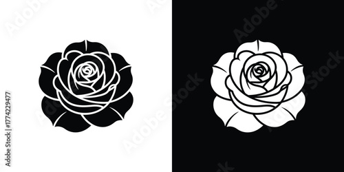 Black Rose with White Outline on White and White Rose on Black Background