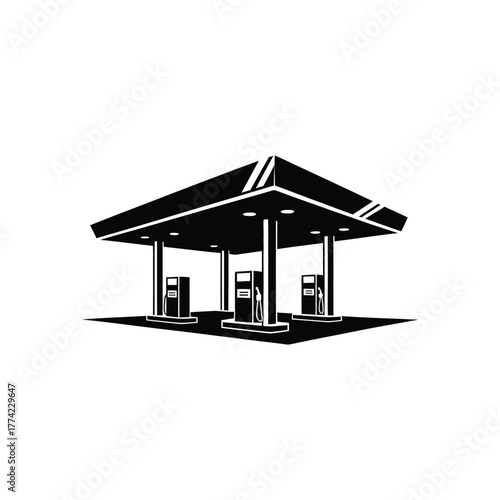 Gas Station Silhouette with Fuel Pumps and Canopy on Transparent Background
